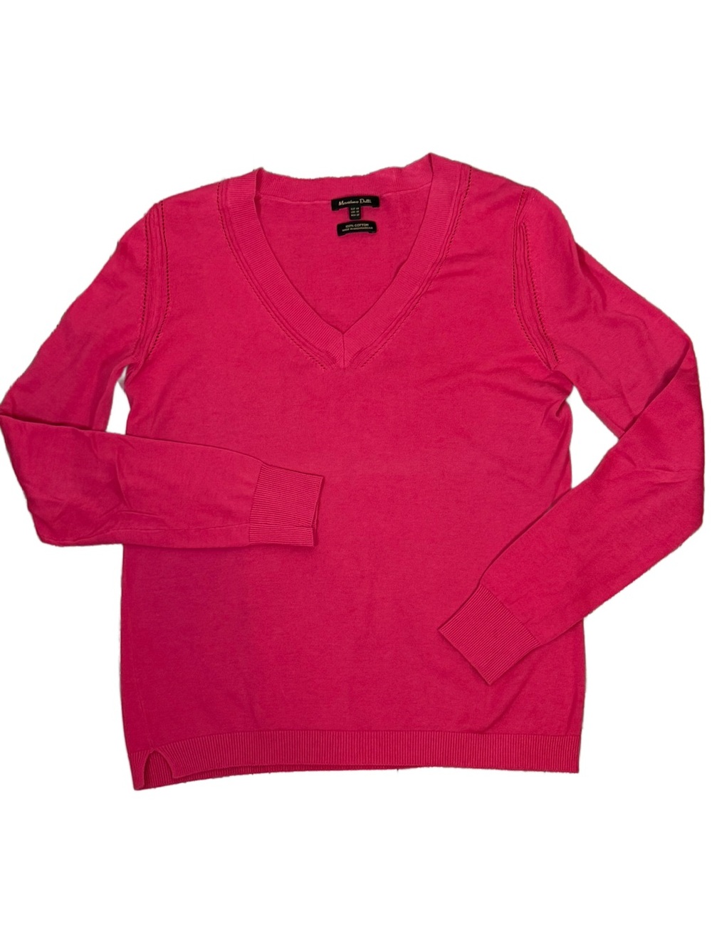 Massimo Dutti Pink Cotton V-Neck Knit Sweater Bright Fuchsia EUC size XS